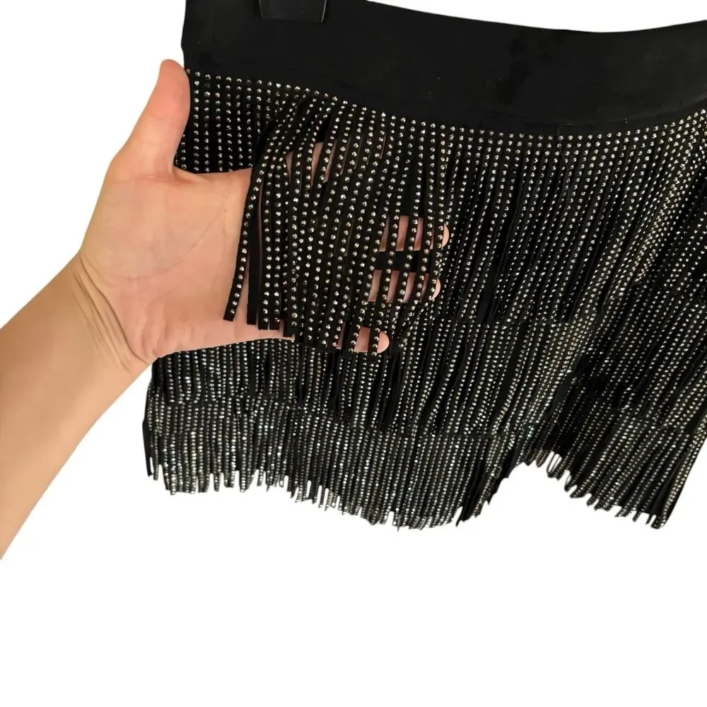 Black Fringe Studded Skirt Medium Western Boho Festival Rodeo Dance Zipper - Picture 3 of 8
